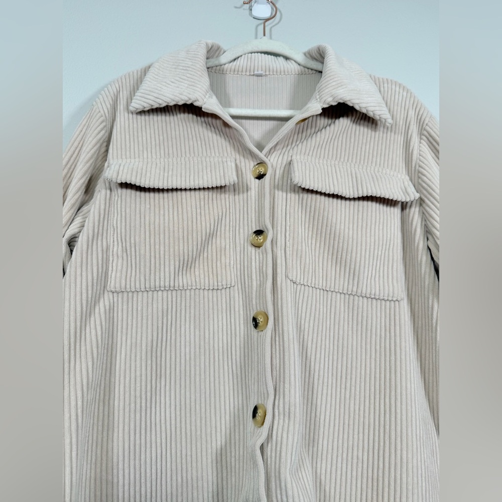Corduroy Jacket Shacket Cream Tan Brown Soft Button Down Wide Collar Women Med - Picture 4 of 8